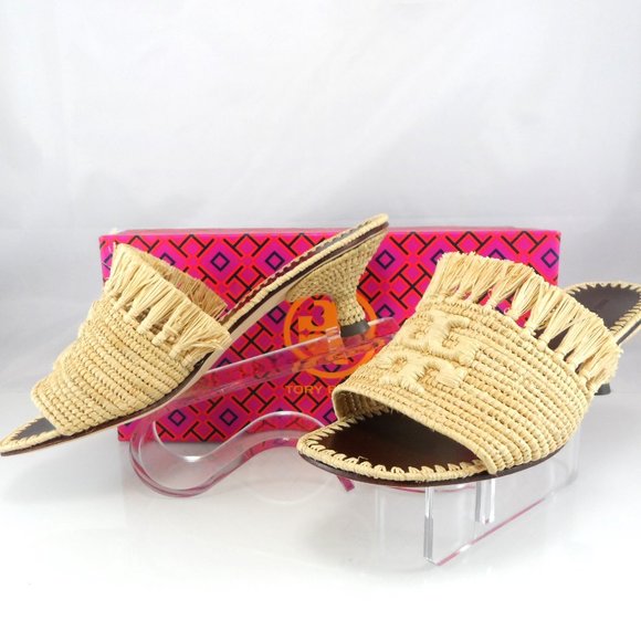 NIB $378 Tory Burch Eleanor Raffia Kitten-Heel Mules Double T Slip On Sandal 6.5 - Picture 7 of 11